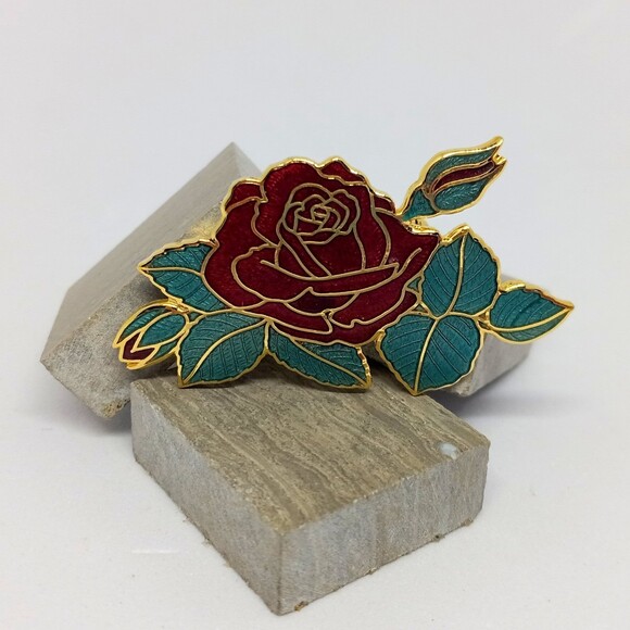Vintage Cloisonné Enamel Red Rose Brooch-Signed-Floral-Cottagecore-Retro - Picture 1 of 5